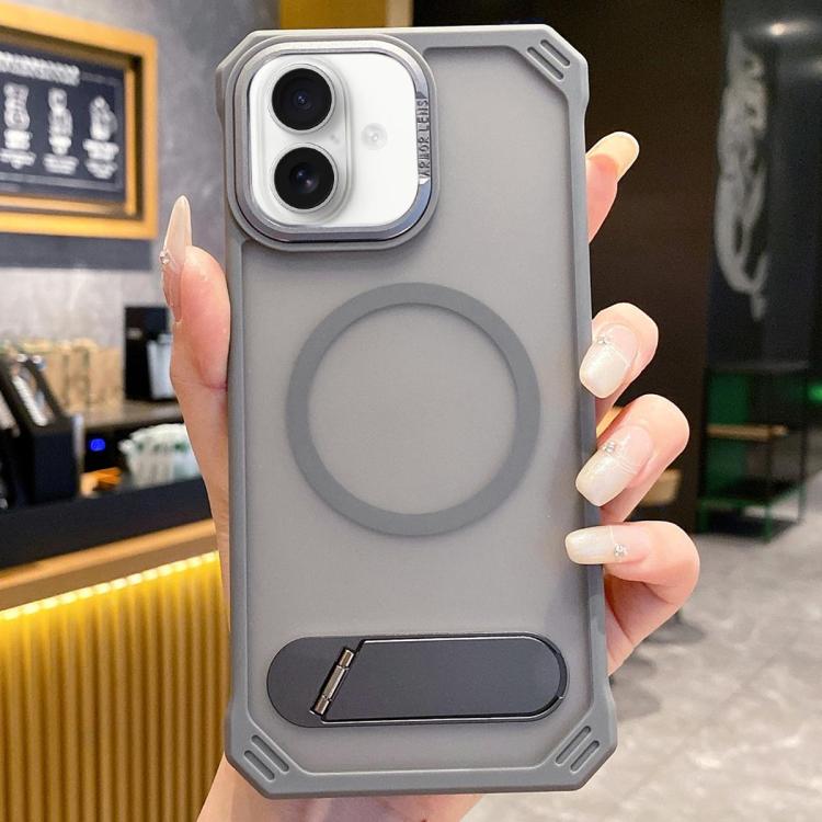 For iPhone 16 Skin Feel Frameless MagSafe PC Phone Case with Fold Holder