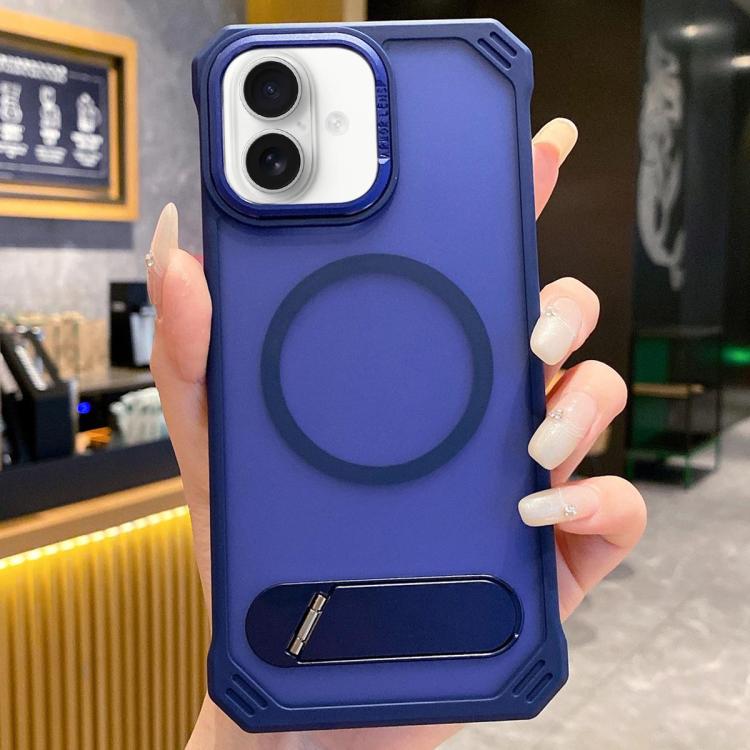 For iPhone 16 Skin Feel Frameless MagSafe PC Phone Case with Fold Holder