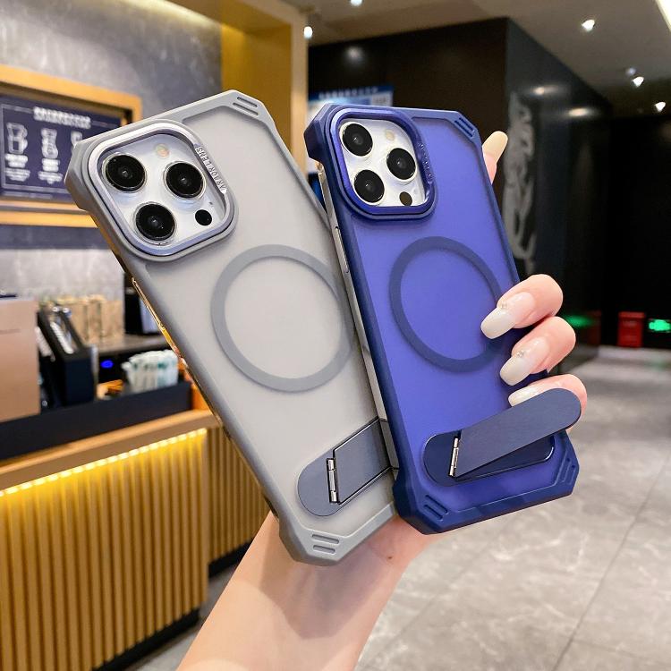 For iPhone 14 Pro Skin Feel Frameless MagSafe PC Phone Case with Fold Holder