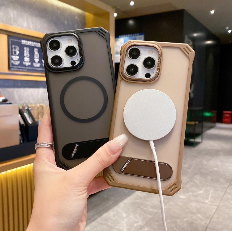 For iPhone 15 Skin Feel Frameless MagSafe PC Phone Case with Fold Holder