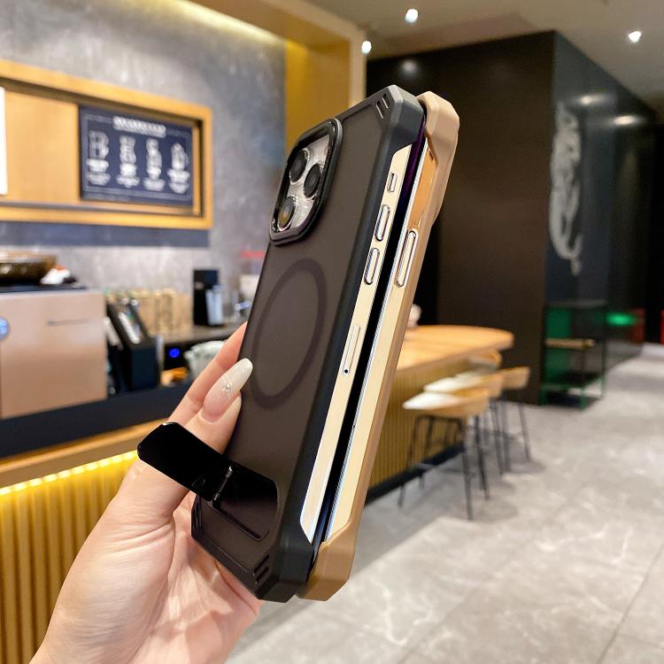 For iPhone 15 Skin Feel Frameless MagSafe PC Phone Case with Fold Holder