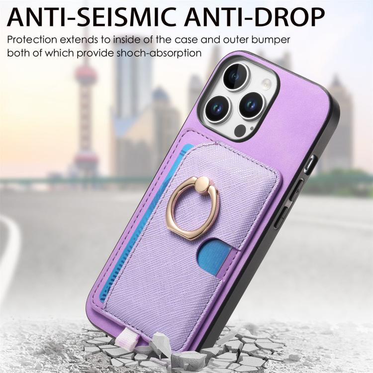 For iPhone 16 Pro Retro Cross Leather Ring Side Insert Card Bag MagSafe Phone Case