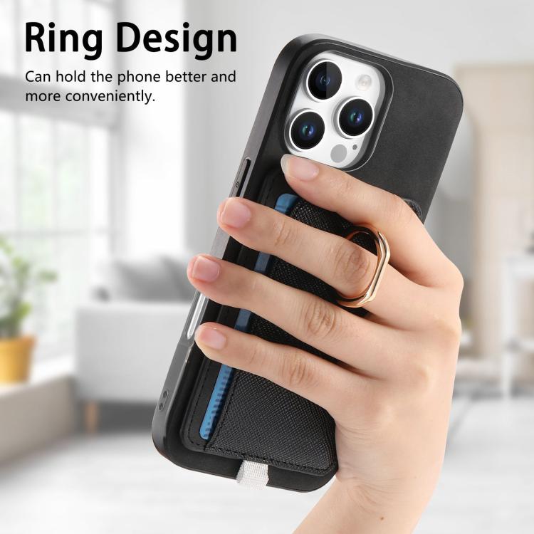 For iPhone 16 Pro Retro Cross Leather Ring Side Insert Card Bag MagSafe Phone Case