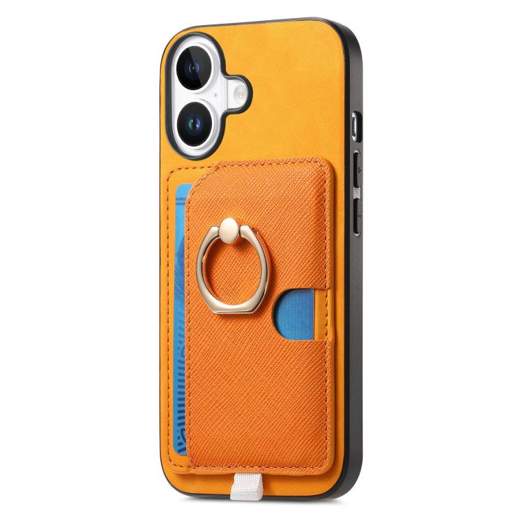 For iPhone 16 Retro Cross Leather Ring Side Insert Card Bag MagSafe Phone Case