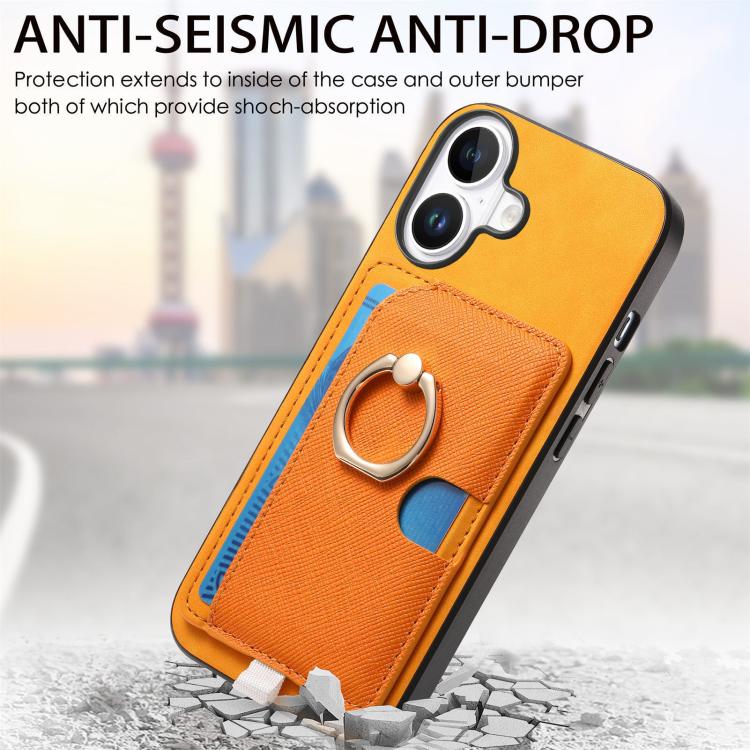 For iPhone 16 Retro Cross Leather Ring Side Insert Card Bag MagSafe Phone Case
