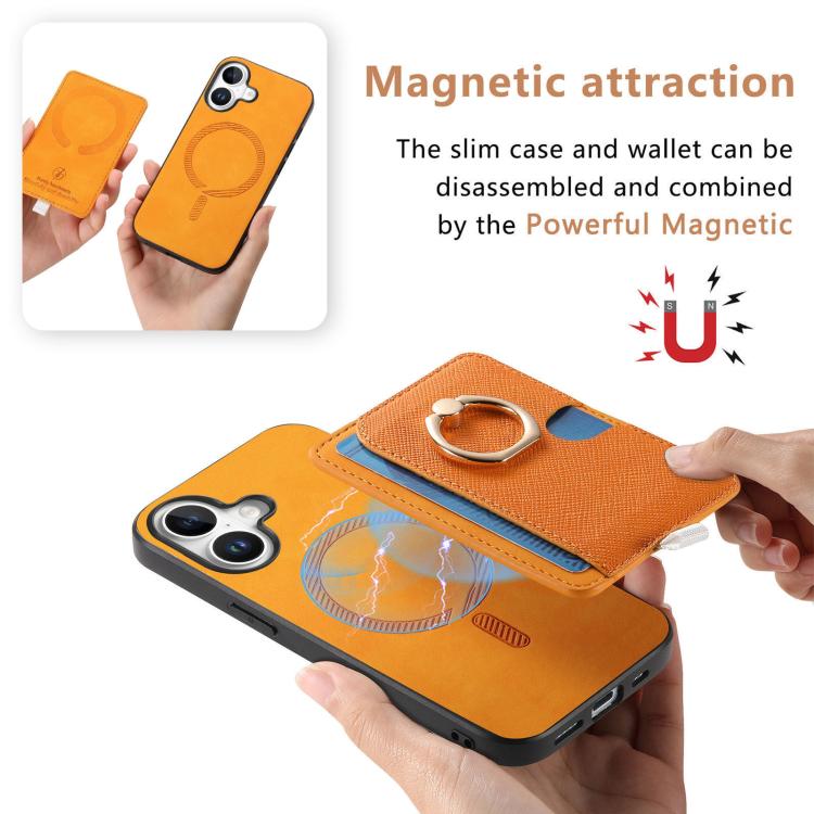 For iPhone 16 Retro Cross Leather Ring Side Insert Card Bag MagSafe Phone Case