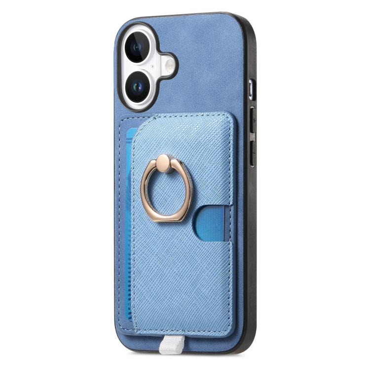 For iPhone 16 Retro Cross Leather Ring Side Insert Card Bag MagSafe Phone Case