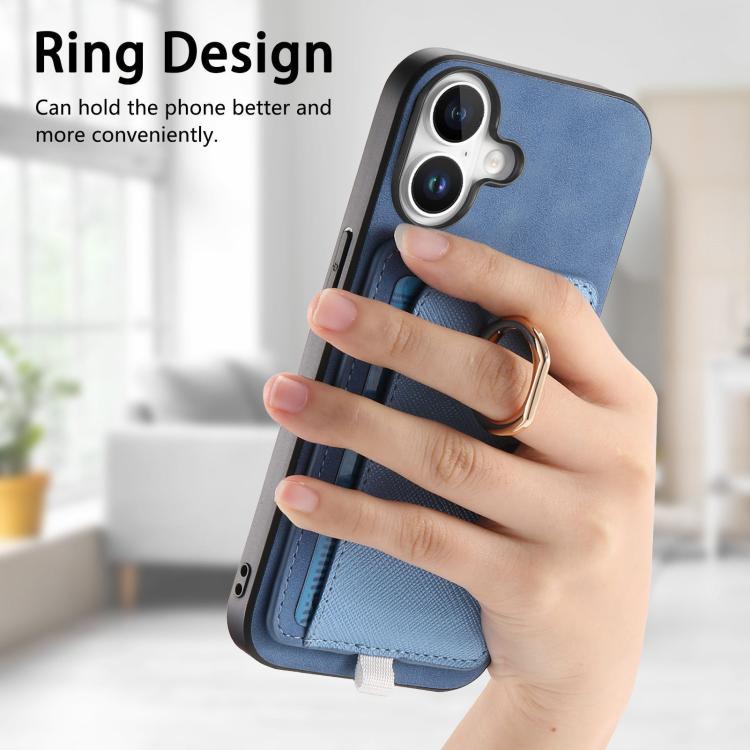 For iPhone 16 Retro Cross Leather Ring Side Insert Card Bag MagSafe Phone Case