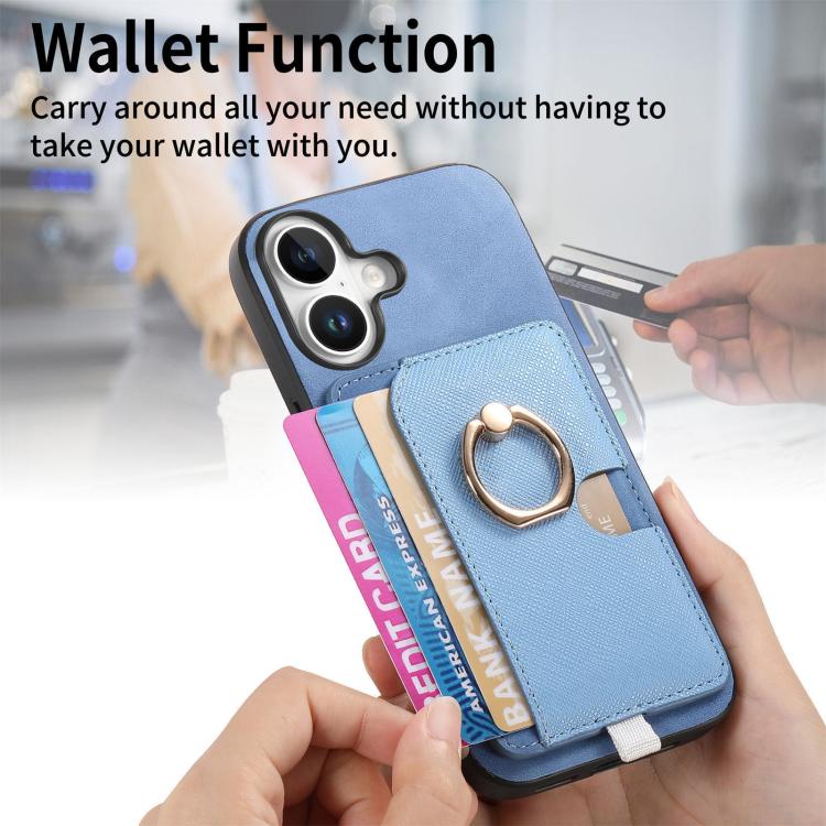 For iPhone 16 Retro Cross Leather Ring Side Insert Card Bag MagSafe Phone Case