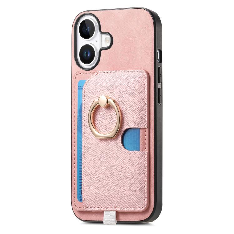 For iPhone 16 Retro Cross Leather Ring Side Insert Card Bag MagSafe Phone Case