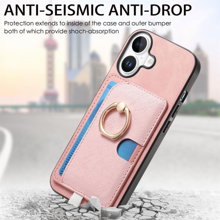 For iPhone 16 Retro Cross Leather Ring Side Insert Card Bag MagSafe Phone Case