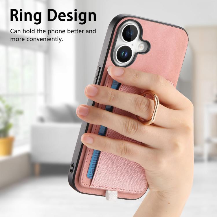 For iPhone 16 Retro Cross Leather Ring Side Insert Card Bag MagSafe Phone Case