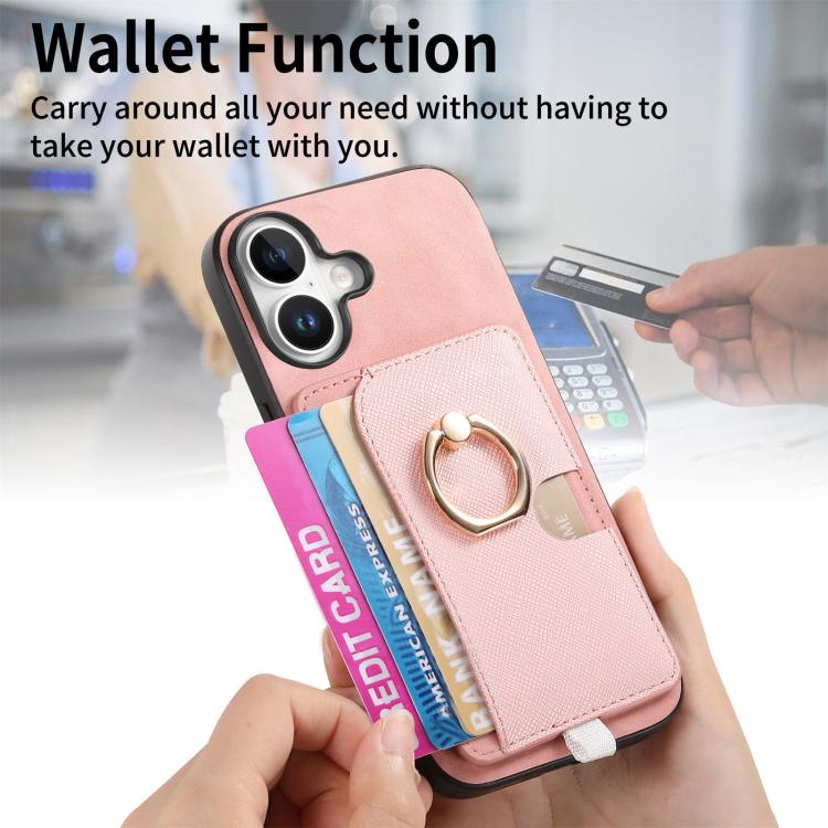For iPhone 16 Retro Cross Leather Ring Side Insert Card Bag MagSafe Phone Case
