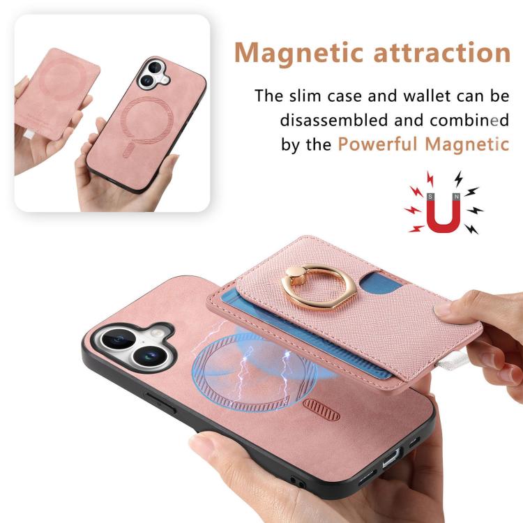 For iPhone 16 Retro Cross Leather Ring Side Insert Card Bag MagSafe Phone Case