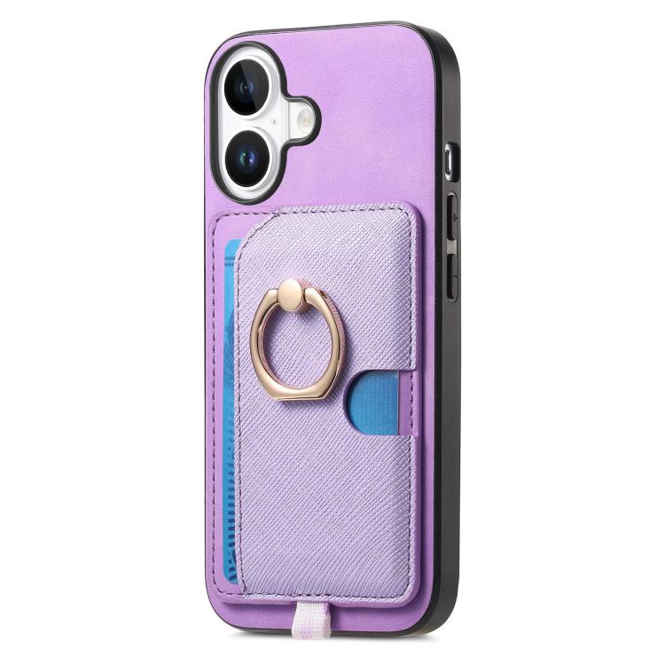 For iPhone 16 Retro Cross Leather Ring Side Insert Card Bag MagSafe Phone Case