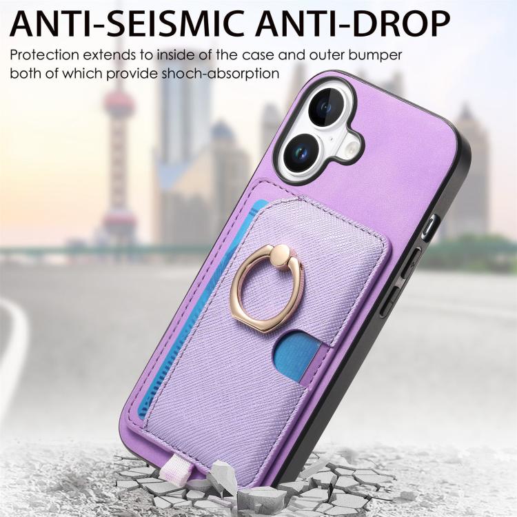 For iPhone 16 Retro Cross Leather Ring Side Insert Card Bag MagSafe Phone Case