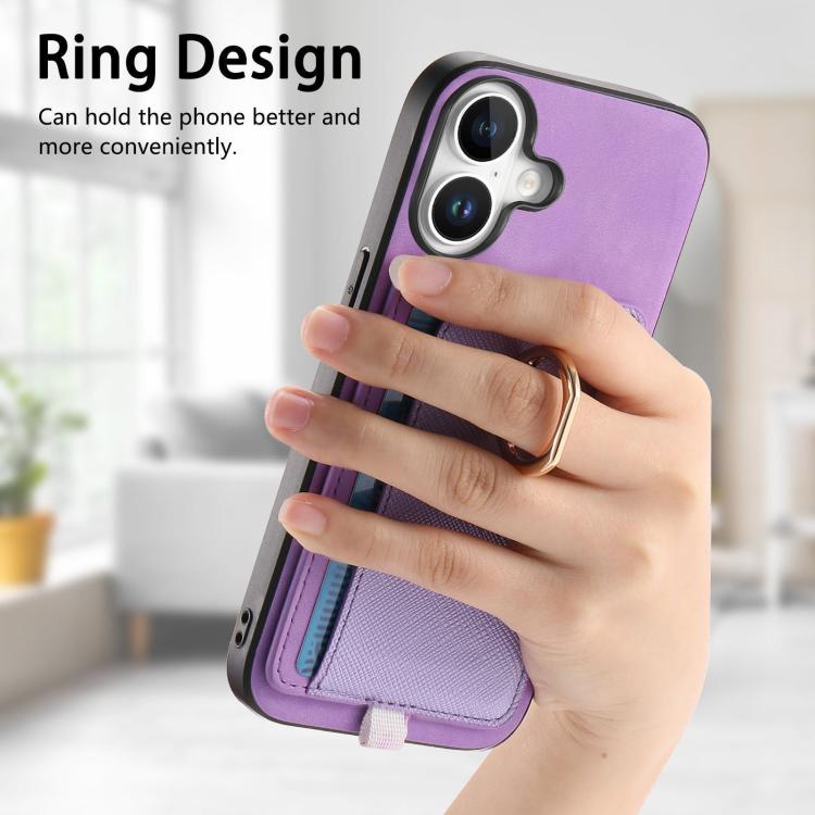 For iPhone 16 Retro Cross Leather Ring Side Insert Card Bag MagSafe Phone Case