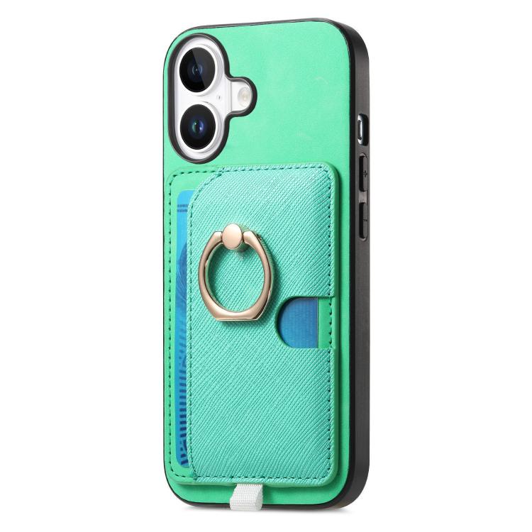 For iPhone 16 Retro Cross Leather Ring Side Insert Card Bag MagSafe Phone Case