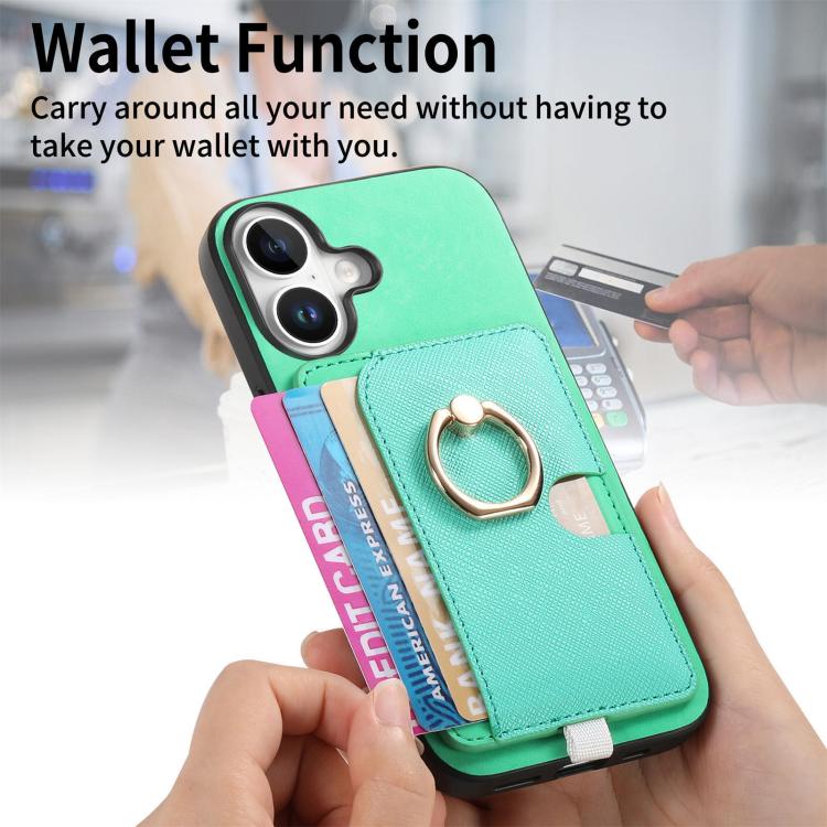 For iPhone 16 Retro Cross Leather Ring Side Insert Card Bag MagSafe Phone Case