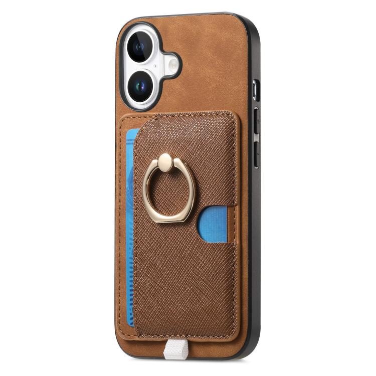 For iPhone 16 Retro Cross Leather Ring Side Insert Card Bag MagSafe Phone Case