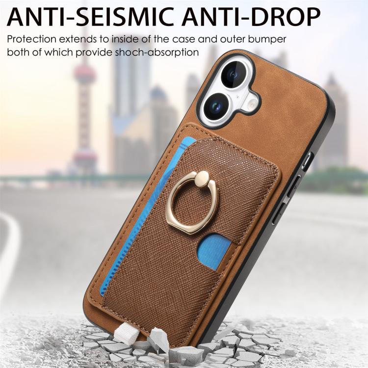 For iPhone 16 Retro Cross Leather Ring Side Insert Card Bag MagSafe Phone Case