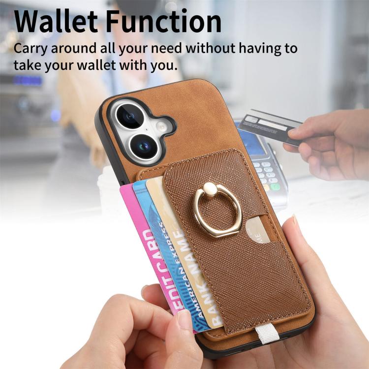 For iPhone 16 Retro Cross Leather Ring Side Insert Card Bag MagSafe Phone Case