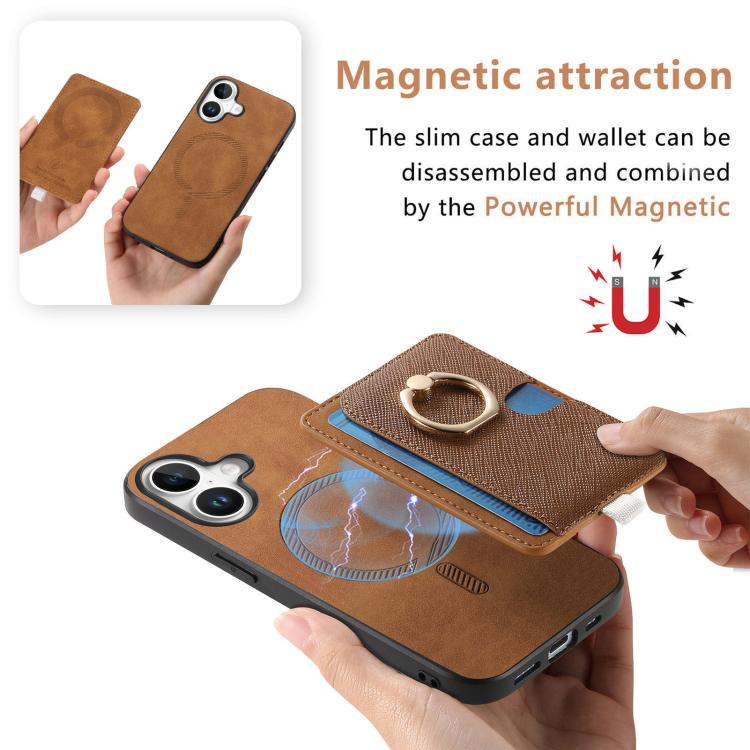 For iPhone 16 Retro Cross Leather Ring Side Insert Card Bag MagSafe Phone Case