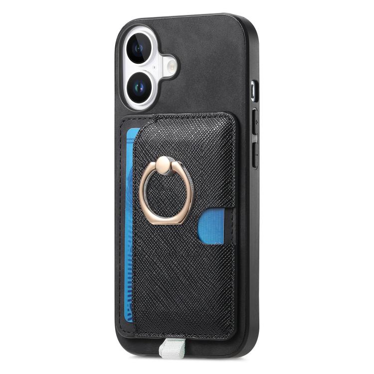 For iPhone 16 Retro Cross Leather Ring Side Insert Card Bag MagSafe Phone Case