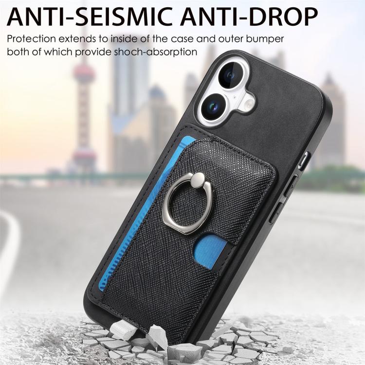 For iPhone 16 Retro Cross Leather Ring Side Insert Card Bag MagSafe Phone Case
