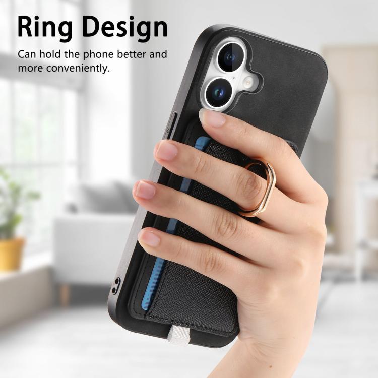 For iPhone 16 Retro Cross Leather Ring Side Insert Card Bag MagSafe Phone Case