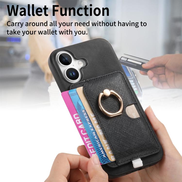 For iPhone 16 Retro Cross Leather Ring Side Insert Card Bag MagSafe Phone Case