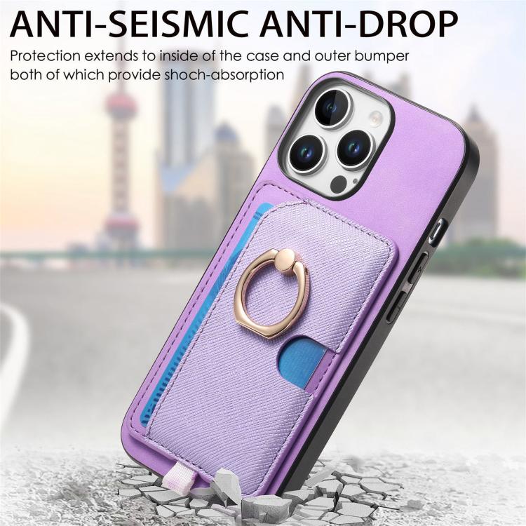 For iPhone 15 Pro Retro Cross Leather Ring Side Insert Card Bag MagSafe Phone Case