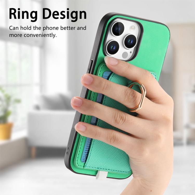 For iPhone 15 Pro Retro Cross Leather Ring Side Insert Card Bag MagSafe Phone Case