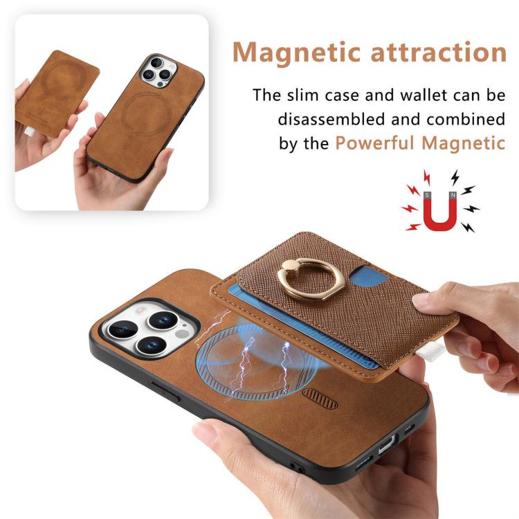 For iPhone 15 Pro Retro Cross Leather Ring Side Insert Card Bag MagSafe Phone Case