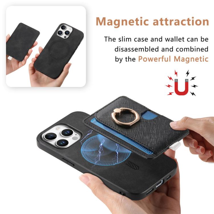 For iPhone 15 Pro Retro Cross Leather Ring Side Insert Card Bag MagSafe Phone Case