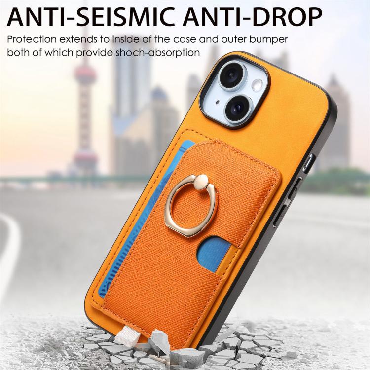 For iPhone 15 Plus Retro Cross Leather Ring Side Insert Card Bag MagSafe Phone Case