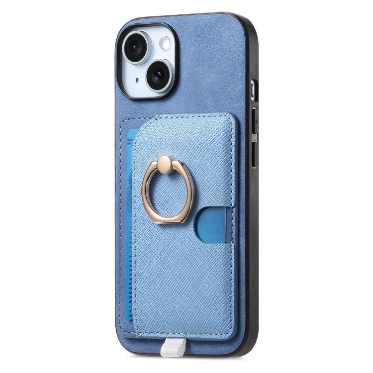 For iPhone 15 Plus Retro Cross Leather Ring Side Insert Card Bag MagSafe Phone Case