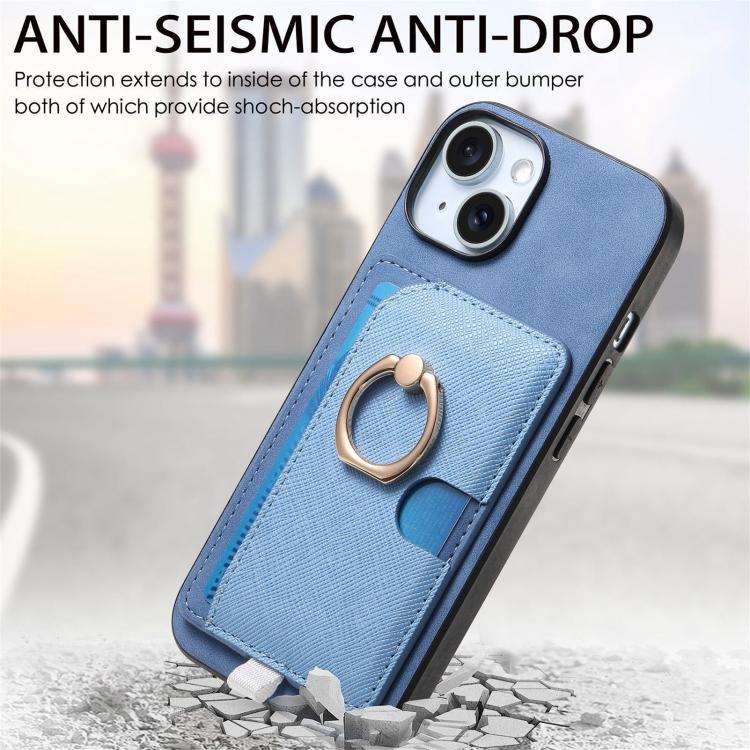 For iPhone 15 Plus Retro Cross Leather Ring Side Insert Card Bag MagSafe Phone Case