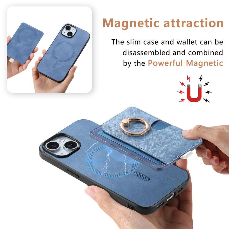 For iPhone 15 Plus Retro Cross Leather Ring Side Insert Card Bag MagSafe Phone Case