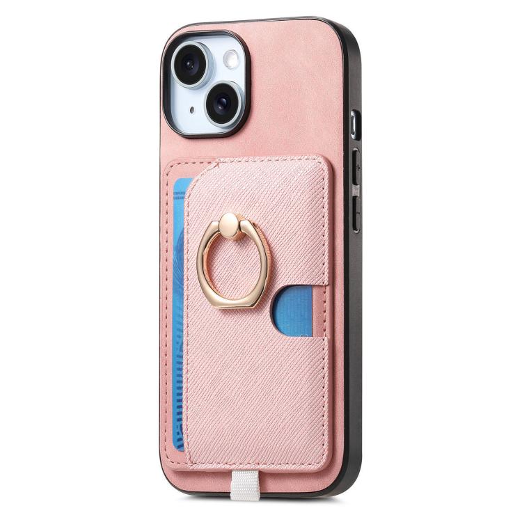 For iPhone 15 Plus Retro Cross Leather Ring Side Insert Card Bag MagSafe Phone Case