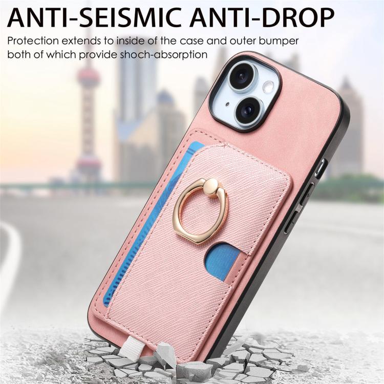 For iPhone 15 Plus Retro Cross Leather Ring Side Insert Card Bag MagSafe Phone Case