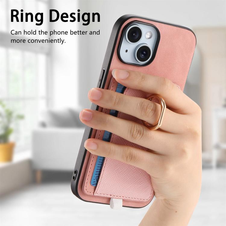 For iPhone 15 Plus Retro Cross Leather Ring Side Insert Card Bag MagSafe Phone Case