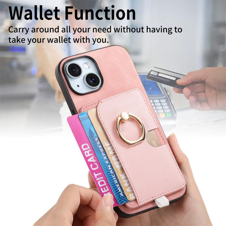 For iPhone 15 Plus Retro Cross Leather Ring Side Insert Card Bag MagSafe Phone Case