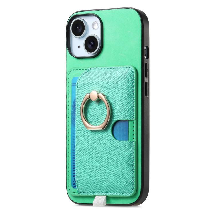 For iPhone 15 Plus Retro Cross Leather Ring Side Insert Card Bag MagSafe Phone Case