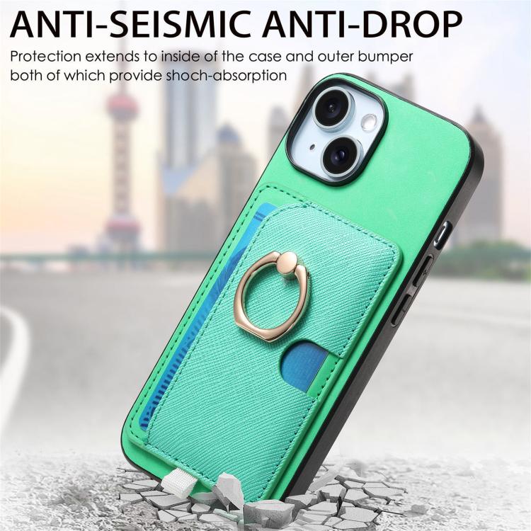 For iPhone 15 Plus Retro Cross Leather Ring Side Insert Card Bag MagSafe Phone Case
