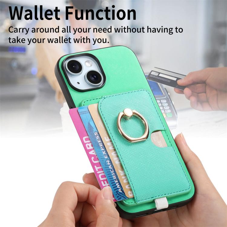 For iPhone 15 Plus Retro Cross Leather Ring Side Insert Card Bag MagSafe Phone Case