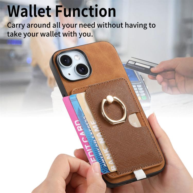 For iPhone 15 Plus Retro Cross Leather Ring Side Insert Card Bag MagSafe Phone Case