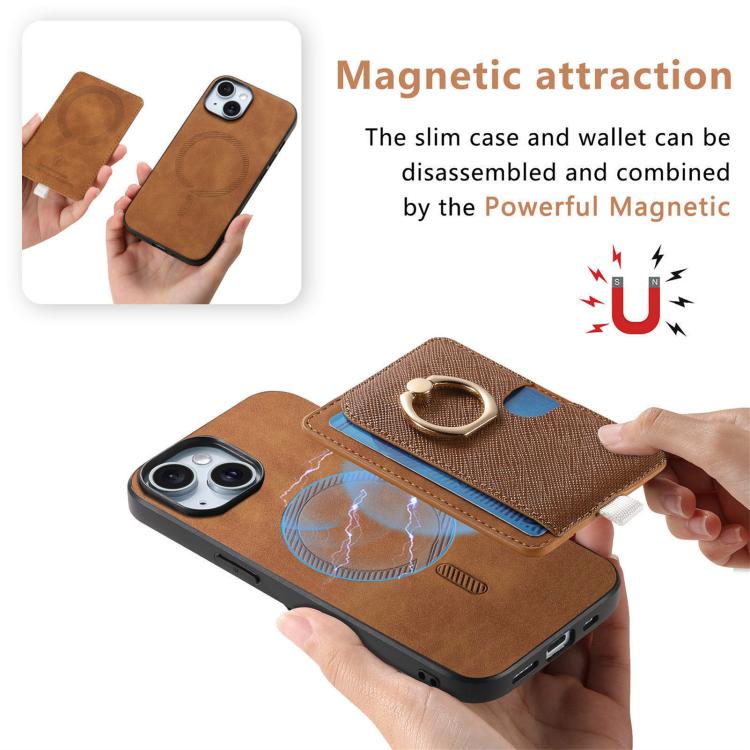 For iPhone 15 Plus Retro Cross Leather Ring Side Insert Card Bag MagSafe Phone Case