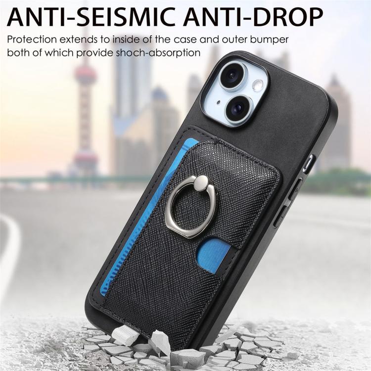 For iPhone 15 Plus Retro Cross Leather Ring Side Insert Card Bag MagSafe Phone Case
