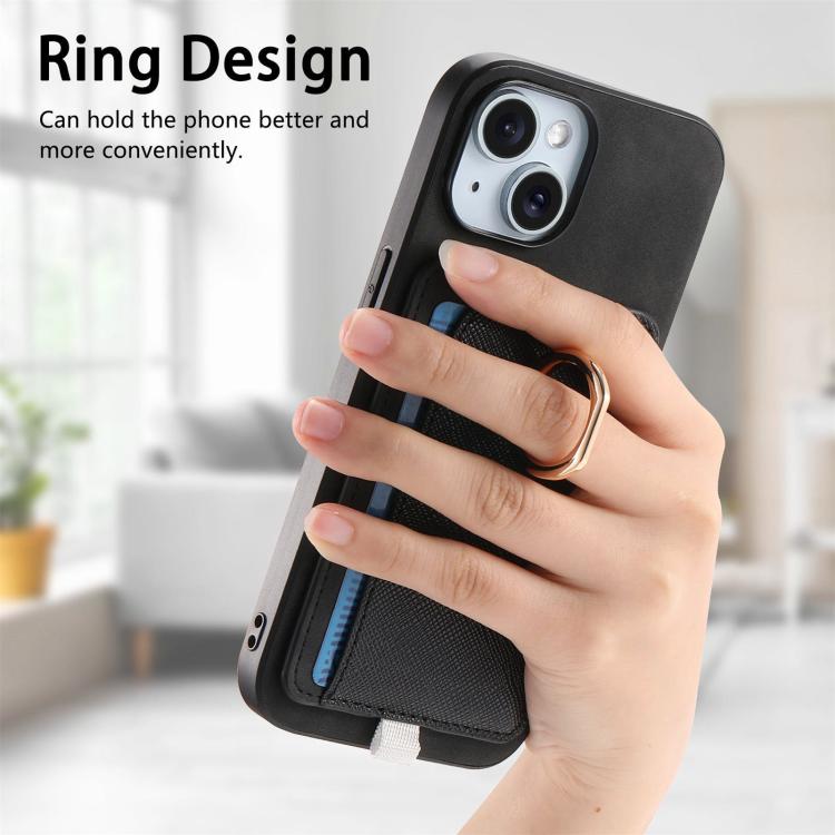 For iPhone 15 Plus Retro Cross Leather Ring Side Insert Card Bag MagSafe Phone Case